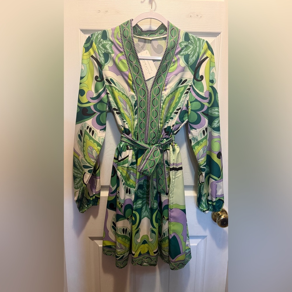 NEW Sunday Green & Lavender Printed Long-Sleeve Dress